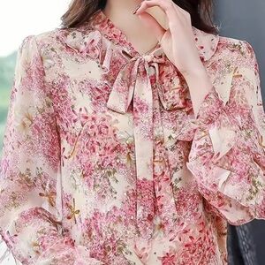 Floral Print Ruffle Trim Blouse, Elegant Tie Neck Long Sleeve Blouse